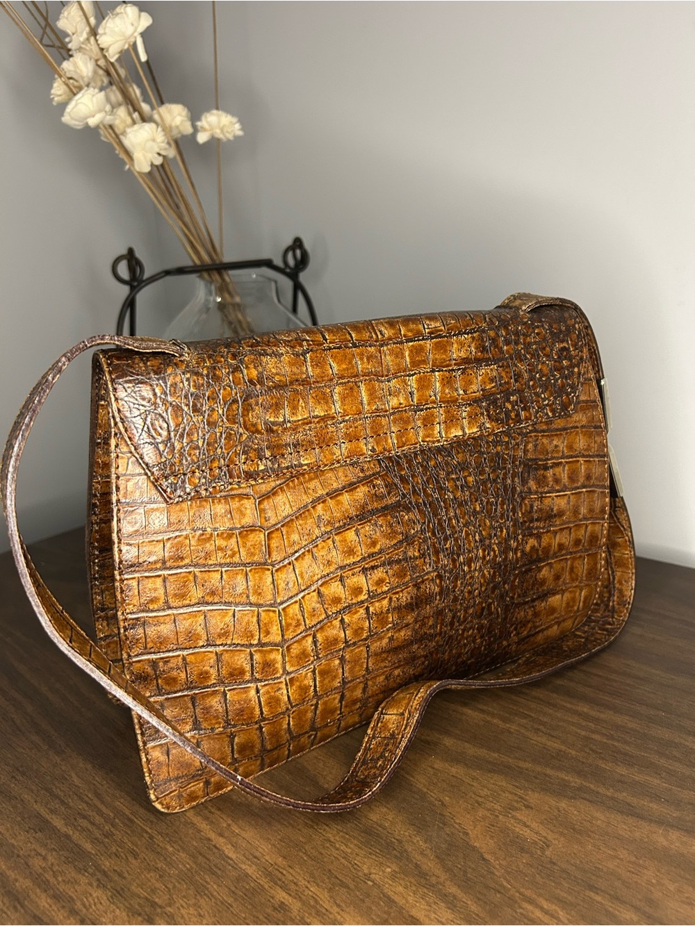 Coccinelle Brown Croc Embossed Leather Shoulder Bag - Picture 6 of 14